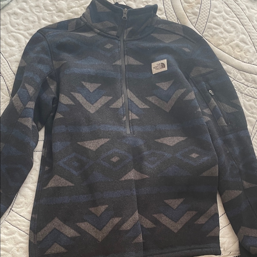 The North Face Men's Black and Blue Patterned Zip-Up Sweater